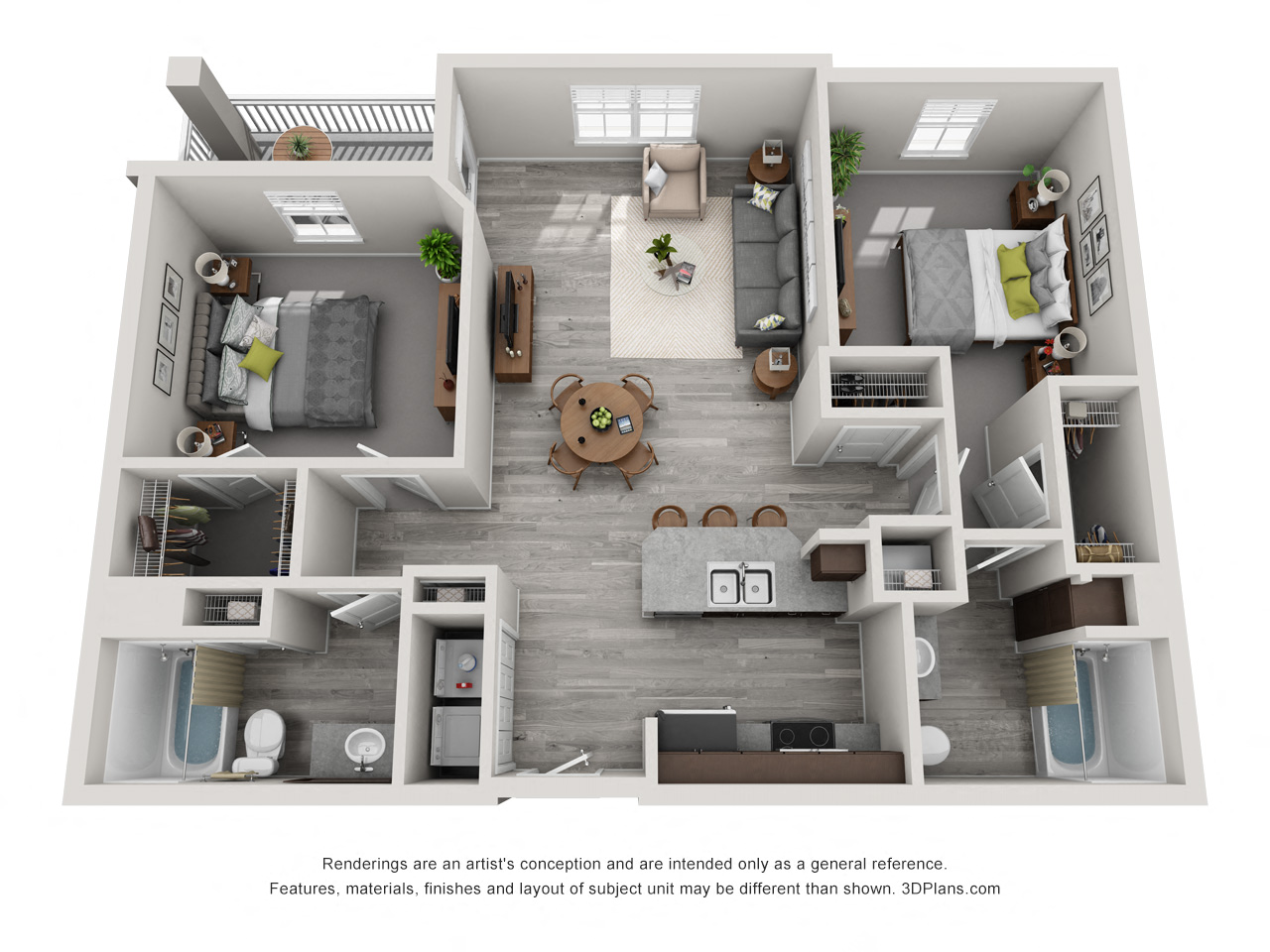 Floor plan for 2 beds, 2 baths, 960 sqft
